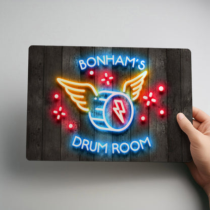 Drum Room Neon Style Personalised Metal Wall Sign