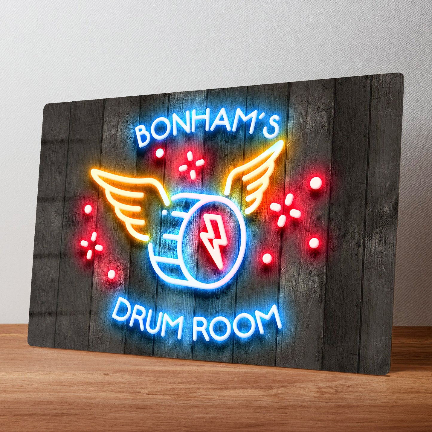 Drum Room Neon Style Personalised Metal Wall Sign