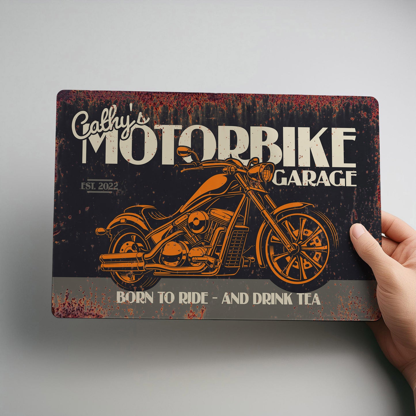 Motorbike Garage Rustic Personalised Metal Wall Sign