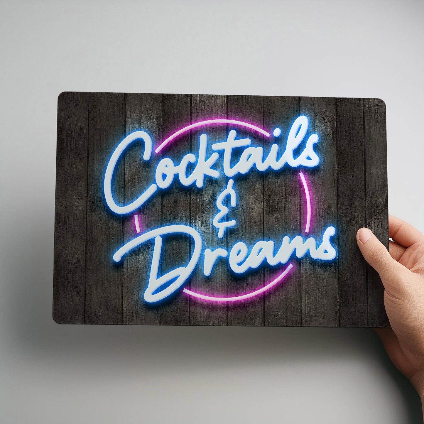 Cocktails & Dreams Metal Neon Effect Printed Wall Sign for Home or Garden Bar