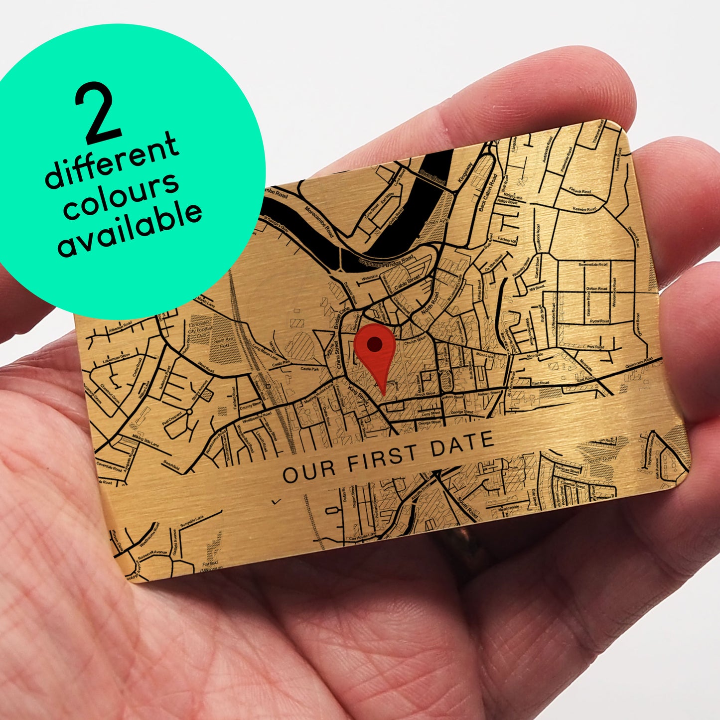 Silver or Gold Brushed Metal Wallet Map Card with Message