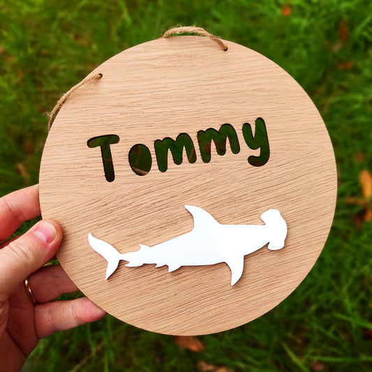 Personalised Hammerhead Shark Name Sign – Custom Bedroom Wall Hanging, Ocean-Themed Kids Room Décor