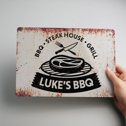 BBQ Steakhouse and Grill Personalised Rustic Metal Garden Wall Sign