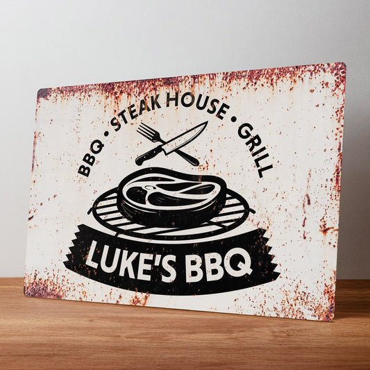 BBQ Steakhouse and Grill Personalised Rustic Metal Garden Wall Sign