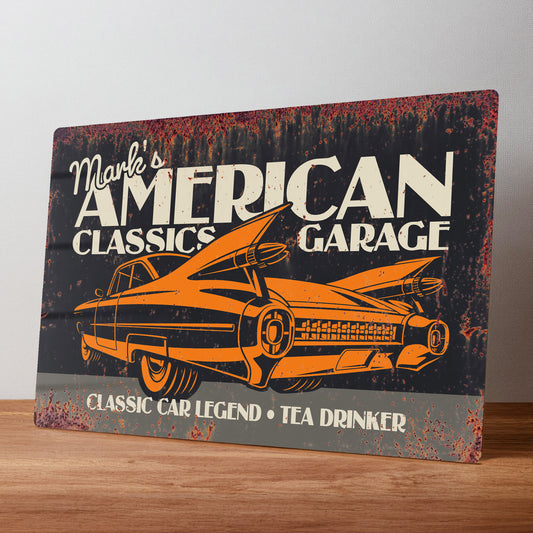 American Classic Cars Rustic Personalised Garage Metal Wall Sign