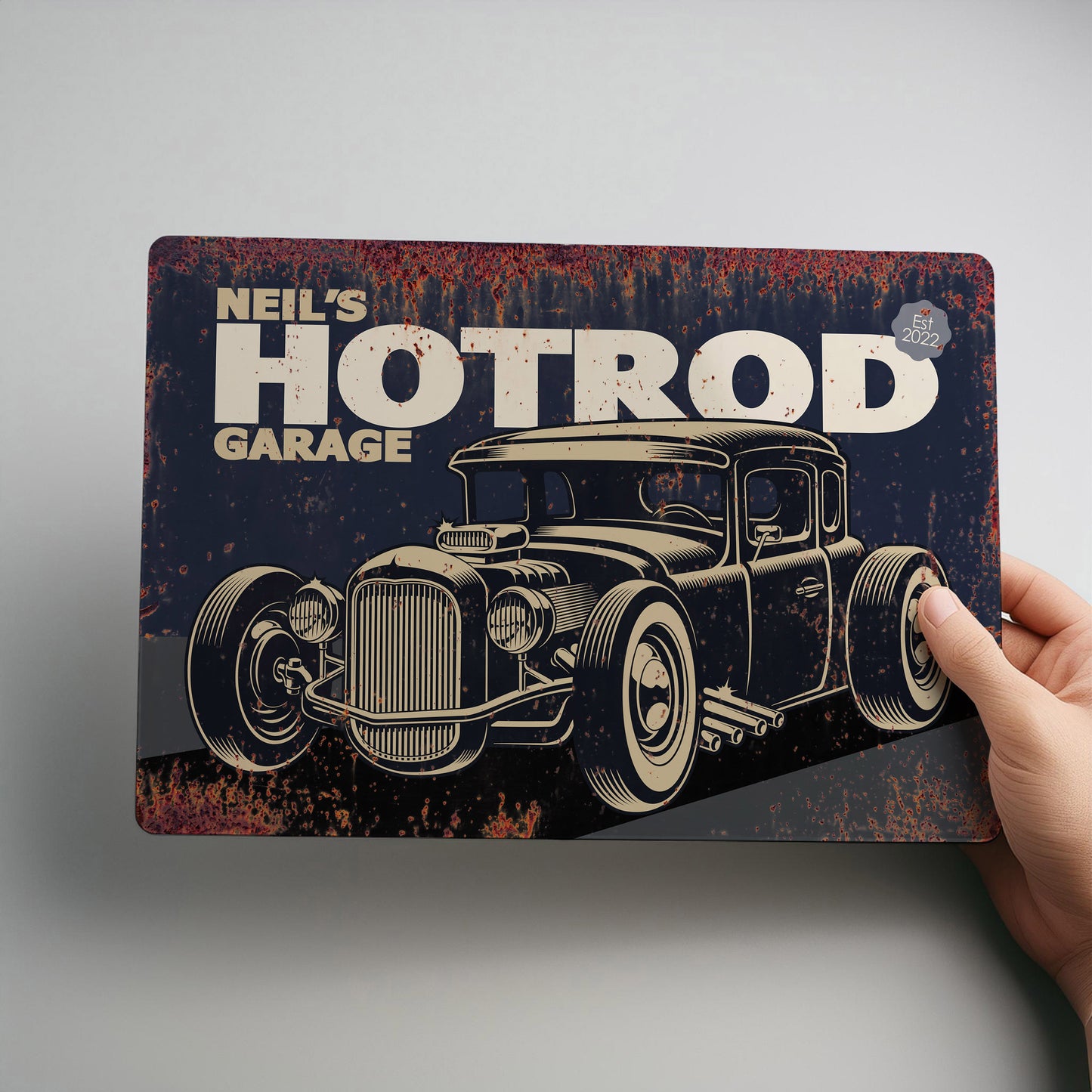 Hotrod Garage Personalised Metal Rustic Wall Sign