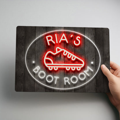 Football Boot Room Neon Style Personalised Metal Wall Sign