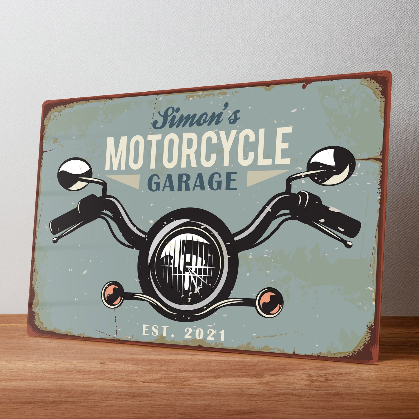 Motorbike Rustic Metal Personalised Workshop Sign